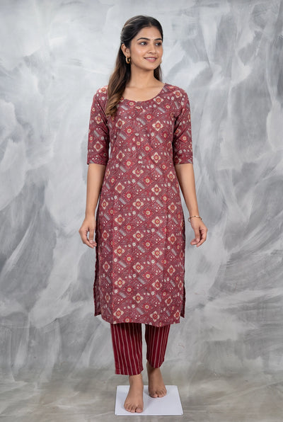 Maroon Rayon Kurti Pant Set with Elastic | Geometric Floral Print, Round Neck 3/4 Sleeves - Maroon