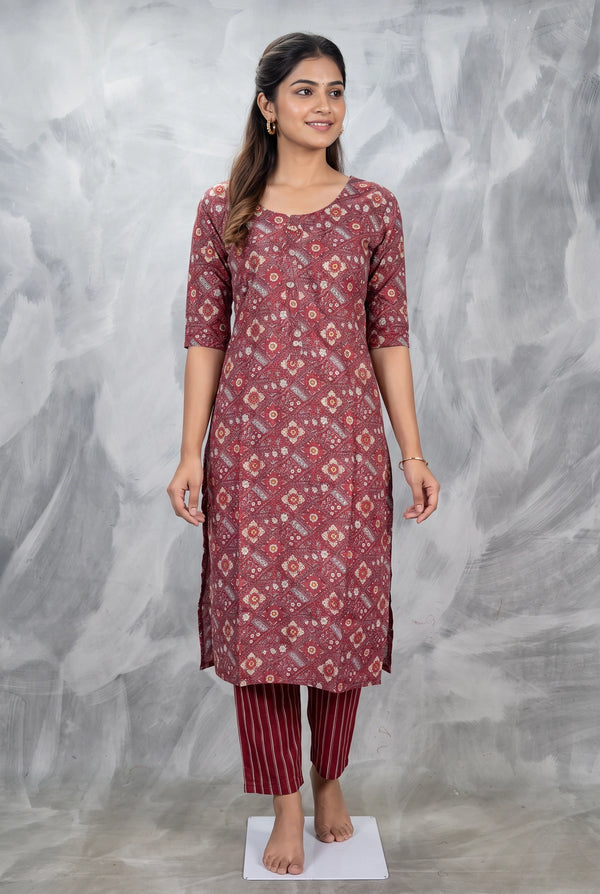 Maroon Rayon Kurti Pant Set with Elastic | Geometric Floral Print, Round Neck 3/4 Sleeves - Maroon