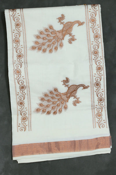 Pure Kerala Cotton White Saree with Copper Zari Peacock Embroidery - White