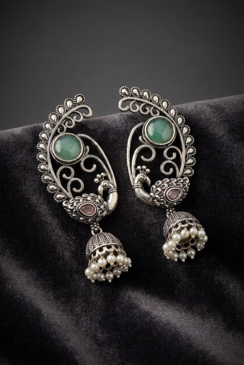 Mint Green Antique Oxidized Peacock Jhumka Earrings with Pearl Bead Drops for Women - Mint Green