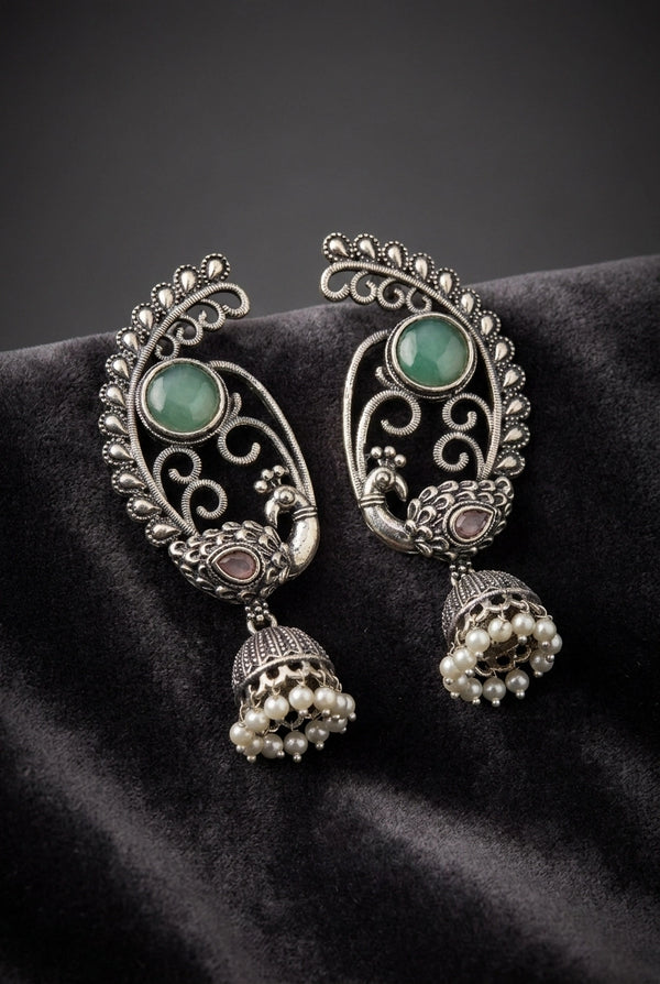 Mint Green Antique Oxidized Peacock Jhumka Earrings with Pearl Bead Drops for Women - Mint Green