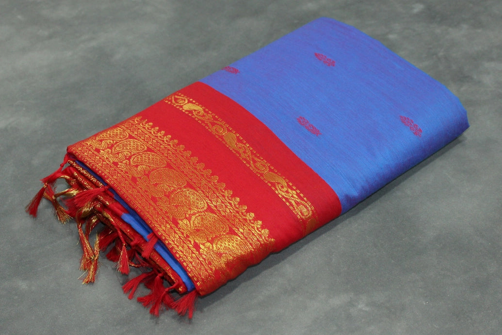 Kalyani Blue Cotton Saree with Red Zari Border & Putta Motifs, Blouse Included Saree JCS Fashions