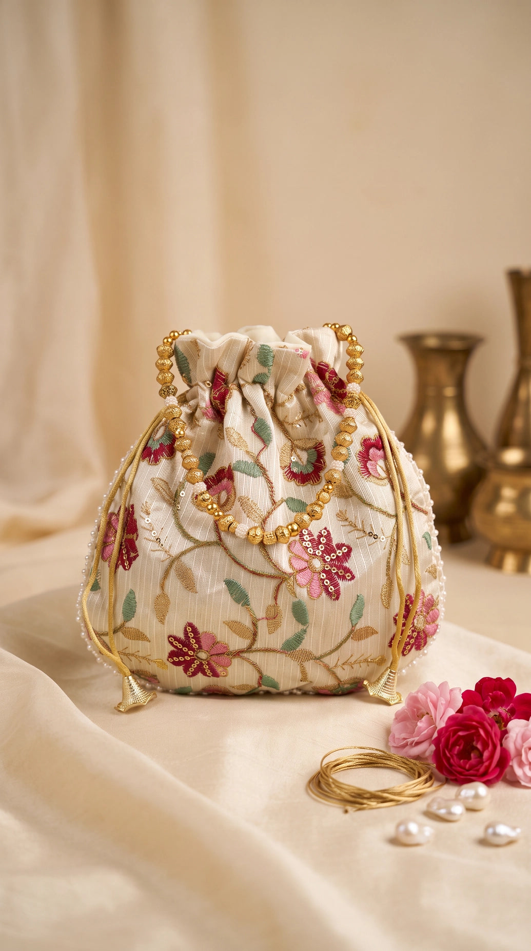 Cream Floral Embroidered Ethnic Potli Pouch with Pearl Bead Trim and Drawstring for Wedding Festive Gifting - Cream