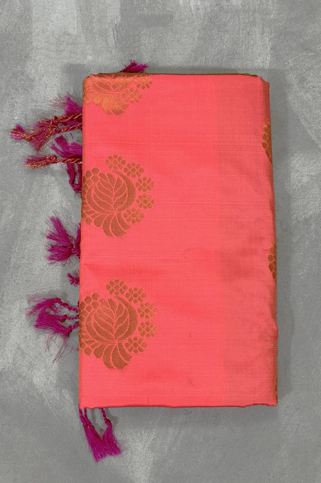 Coral Soft Silk Saree with Delicate Gold Zari Buttas and Floral Border, Saree for Women - Coral