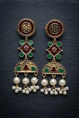 Antique Gold-Tone Ethnic Dangler Earrings with Teal/Mauve Enamel & Pearl Drops, Floral Motifs
