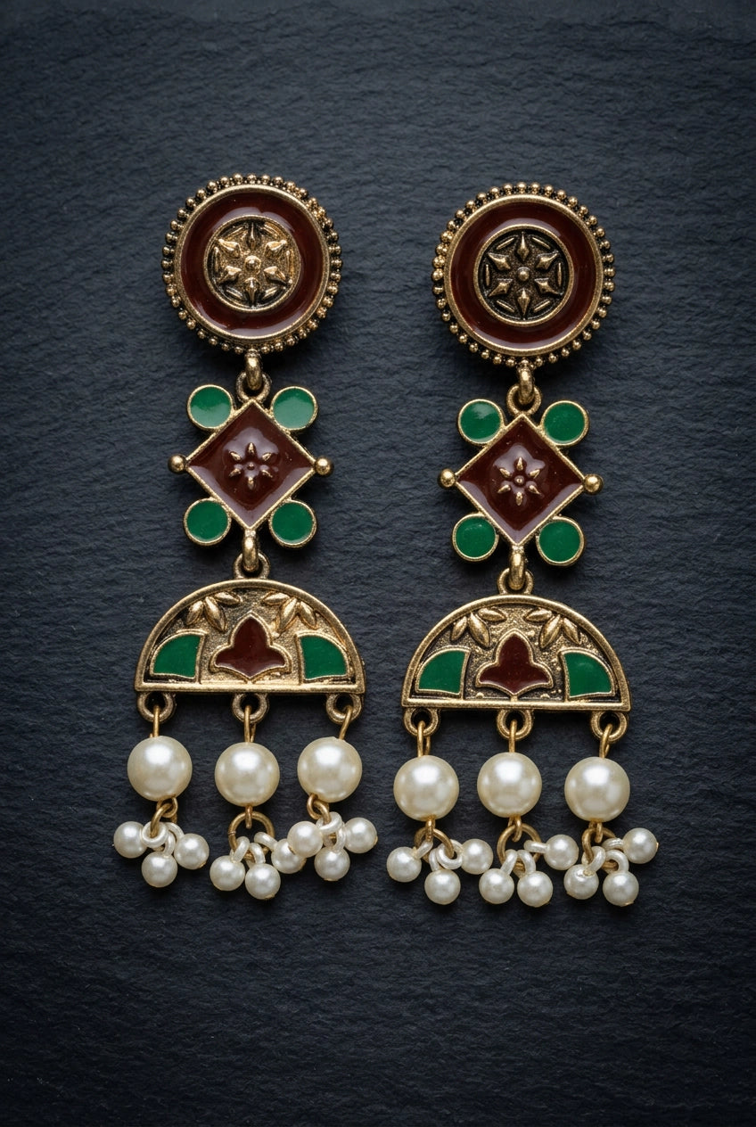 Antique Gold-Tone Ethnic Dangler Earrings with Teal/Mauve Enamel & Pearl Drops, Floral Motifs