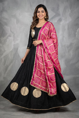 Designer Black Navratri Chaniya Choli with Gold Circle Motif & Flared Skirt, Party Wear Ethnic Lehenga Set