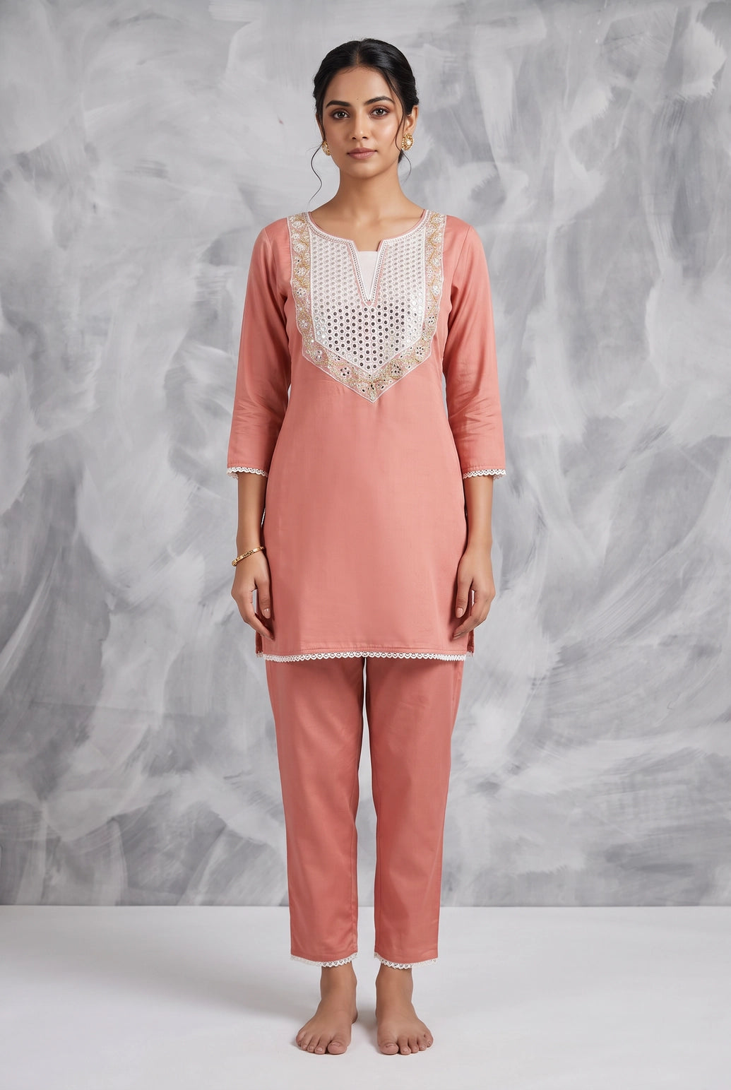 Peach Roman Co-Ord Kurti & Pant Set with Mirror-Work Embroidery and Elastic-Fit Interlock Fabric - Peach