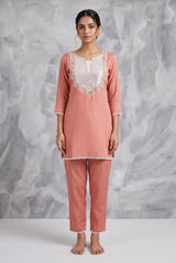 Peach Roman Co-Ord Kurti & Pant Set with Mirror-Work Embroidery and Elastic-Fit Interlock Fabric - Peach