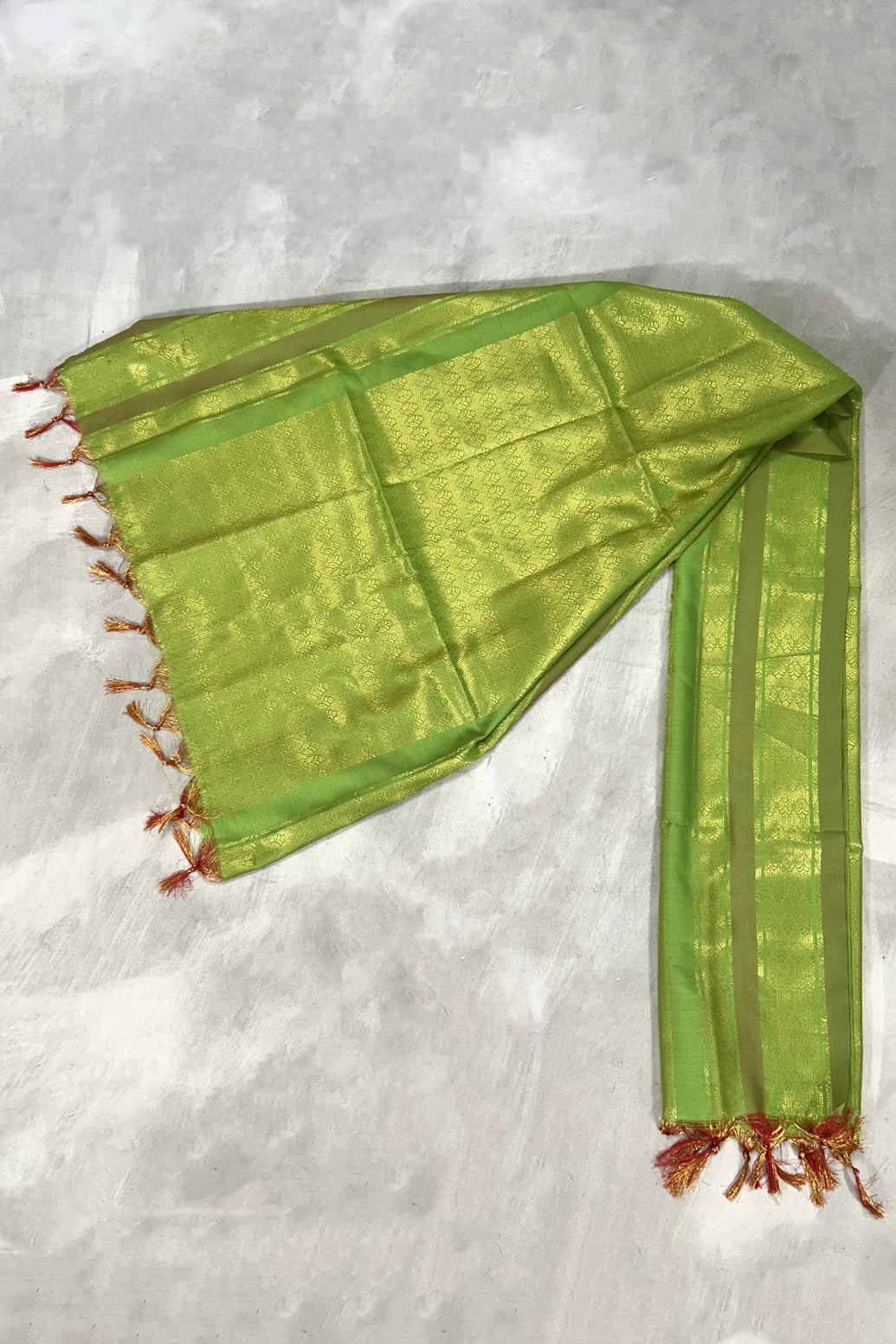 Parrot Green Ponnadai Poly Silk Jacquard Temple Shawl with Zari Pattern & Tassels for Functions, 2 Meter - Parrot Green
