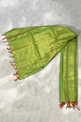 Parrot Green Ponnadai Poly Silk Jacquard Temple Shawl with Zari Pattern & Tassels for Functions, 2 Meter - Parrot Green