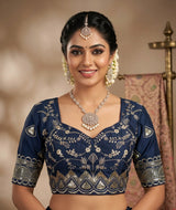 Navy Blue Designer Padded Blouse with Embroidery & Sequence Work, Elbow Sleeve, Back Knot, Readymade for Women - Navy blue
