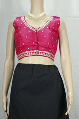 Red Zari Border Padded Designer Blouse with Deep Neckline, Sleeveless, Back Knot, Fully Stitched