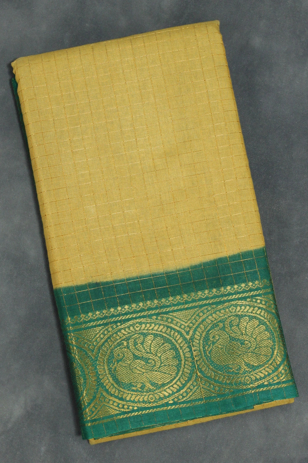 Mustard Sungudi Cotton Saree with Green Peacock Zari Double Border - Checked Weave Saree JCS Fashions Mustard 5.5 meters