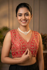 Orange Readymade Padded Designer Blouse with Gold Thread Embroidery & Sequin Work, Back Knot, Sleeveless