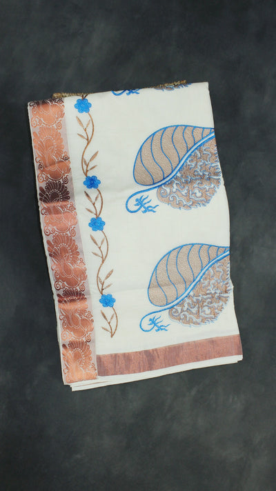 Pure Kerala Cotton White Saree with Copper Zari Border, Peacock Floral Embroidery and Blouse Piece - White