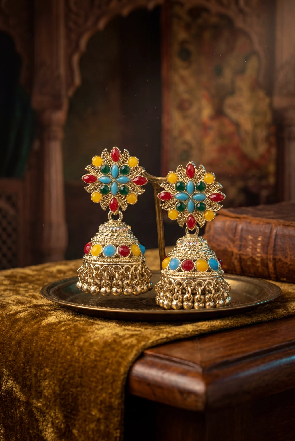 Silver Oxidized Multicolor Jhumka Earrings with Stud Top and Bead Danglers - Multi color