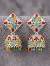 Silver Oxidized Multicolor Jhumka Earrings with Square Stud Top & Bead Drops for Traditional Festive Wear - Multi color