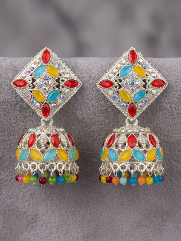 Silver Oxidized Multicolor Jhumka Earrings with Square Stud Top & Bead Drops for Traditional Festive Wear - Multi color
