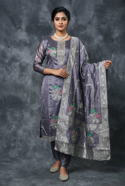 Purple Jacquard Beaded 3-Piece Kurti Set with Elastic Pant and Jacquard Dupatta for Women - Purple