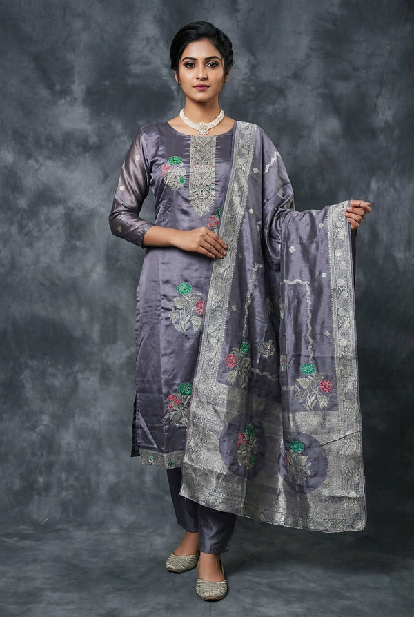 Purple Jacquard Beaded 3-Piece Kurti Set with Elastic Pant and Jacquard Dupatta for Women - Purple