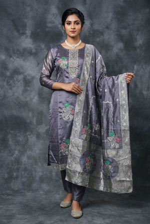 Purple Jacquard Bead Work Kurti with Elastic Pant and Matching Dupatta 3-Piece Set