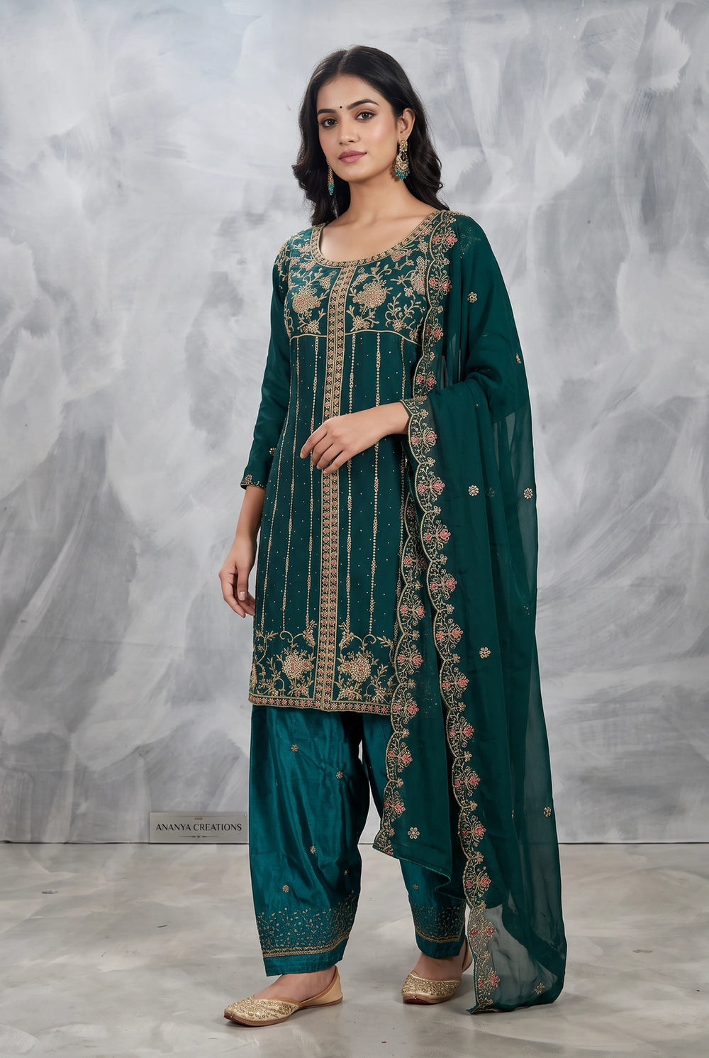 Teal Blue Embroidered Kurti Pant Set with Organza Dupatta for Women, French Work and Jarkan Detail - Teal Blue
