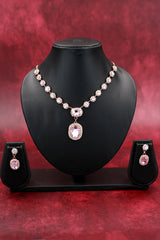 Rose Gold Oval Stone Necklace Set with Matching Drop Earrings for Women (Maroon/Black/White/Rainbow)