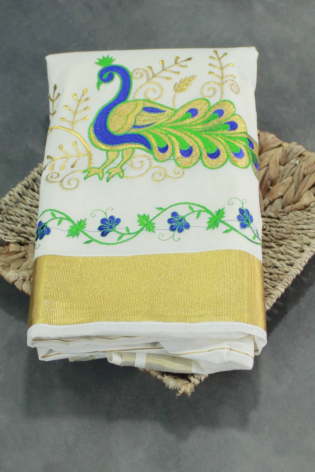 Half White Kerala Cotton Saree with Peacock Embroidery and Golden Zari Thread Border - Half White