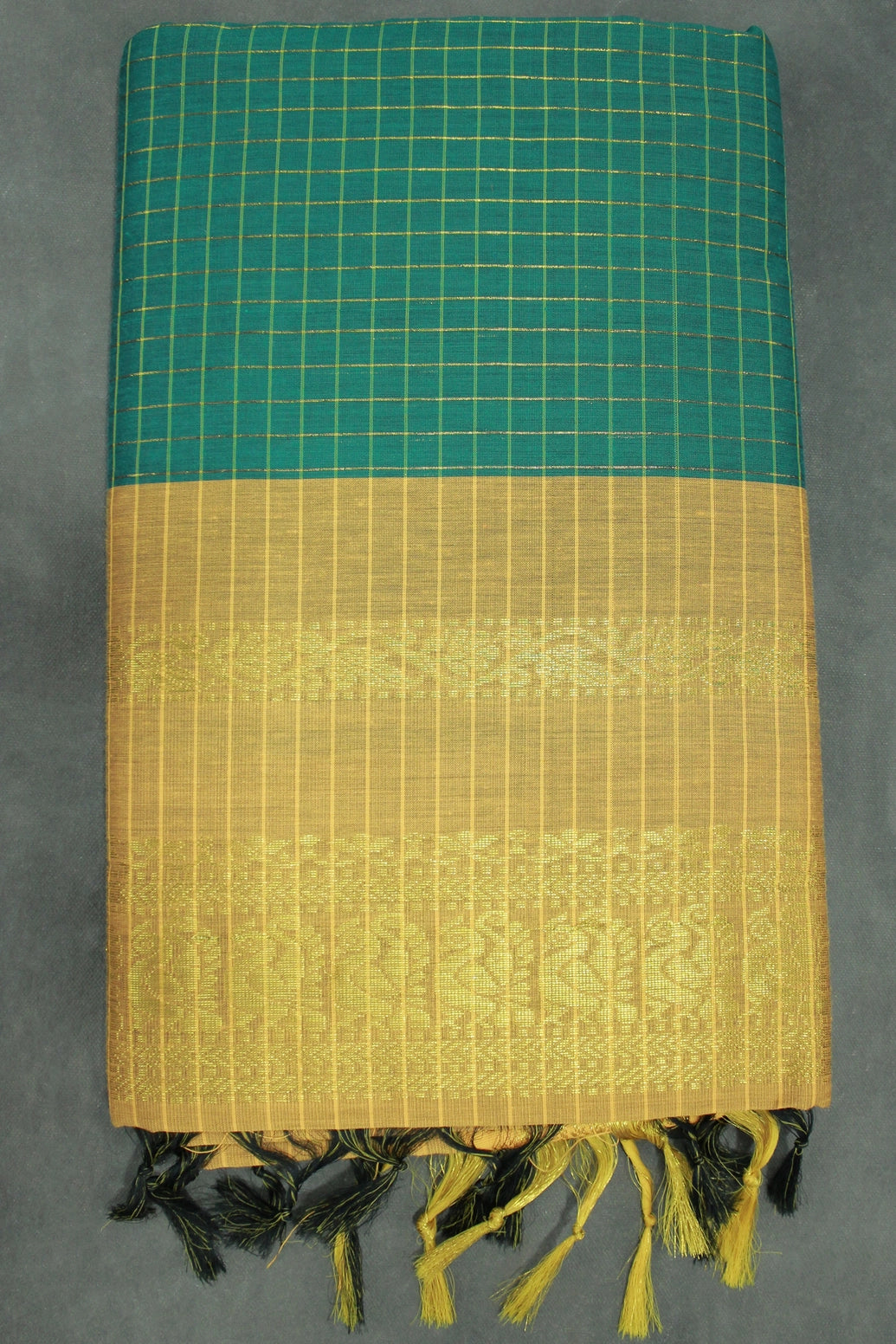 Green Kalyani Cotton Saree with Zari Checked & Peacock Border, Comes with Blouse - Green