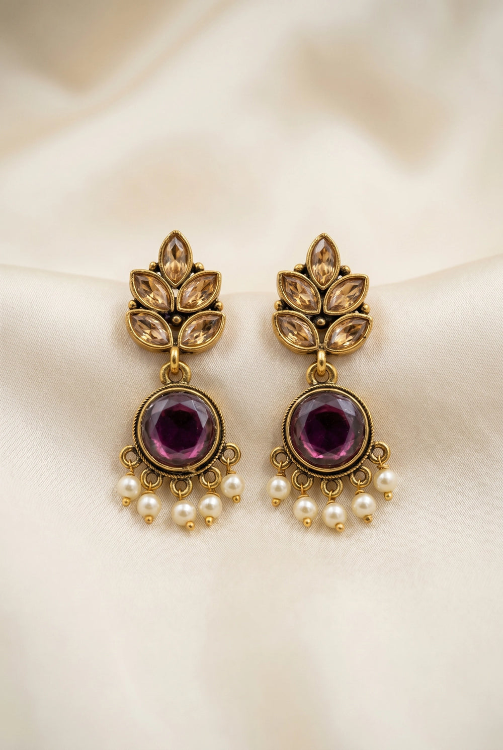 Purple Gold-Tone Crystal Leaf Drop Earrings with Pearl Beads, 2 Inch Ethnic Party Wear - Purple