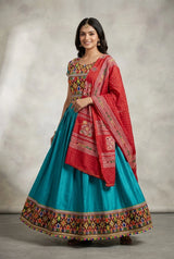 Teal Blue Navratri Chaniya Choli with Kutchi Mirror Work Choli & Flared Skirt Set for Women - Teal Blue