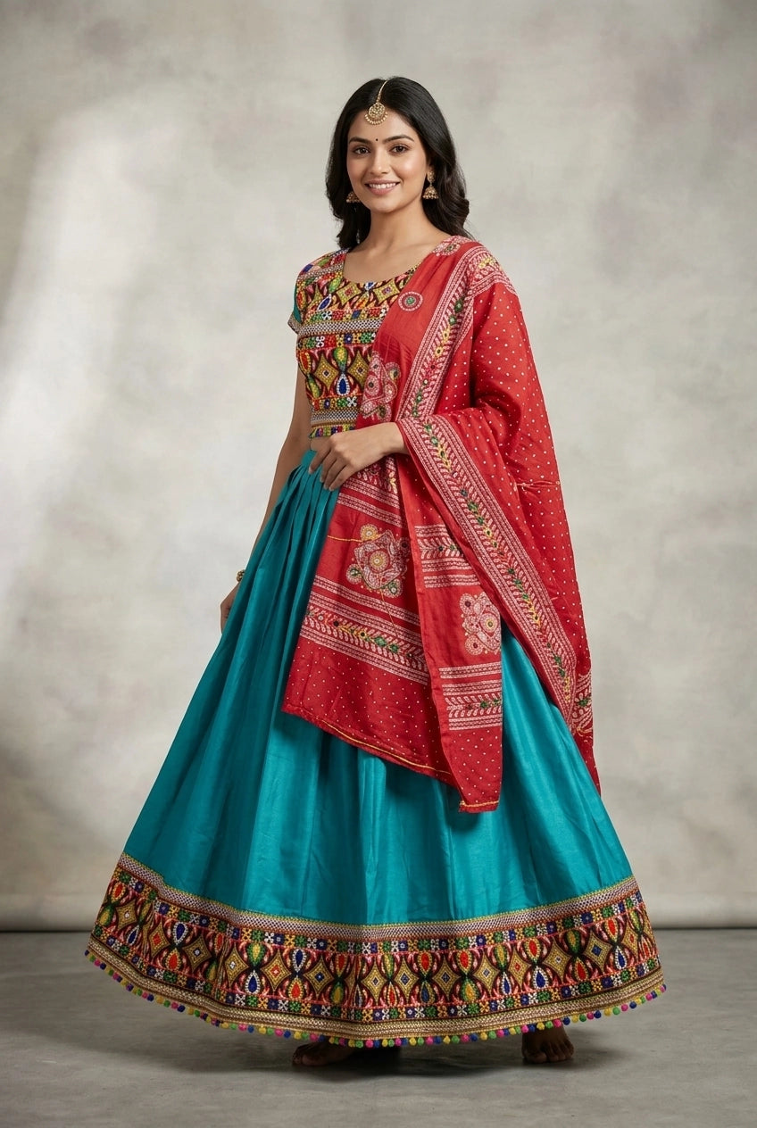 Teal Blue Navratri Chaniya Choli with Kutchi Mirror Work Choli & Flared Skirt Set for Women - Teal Blue