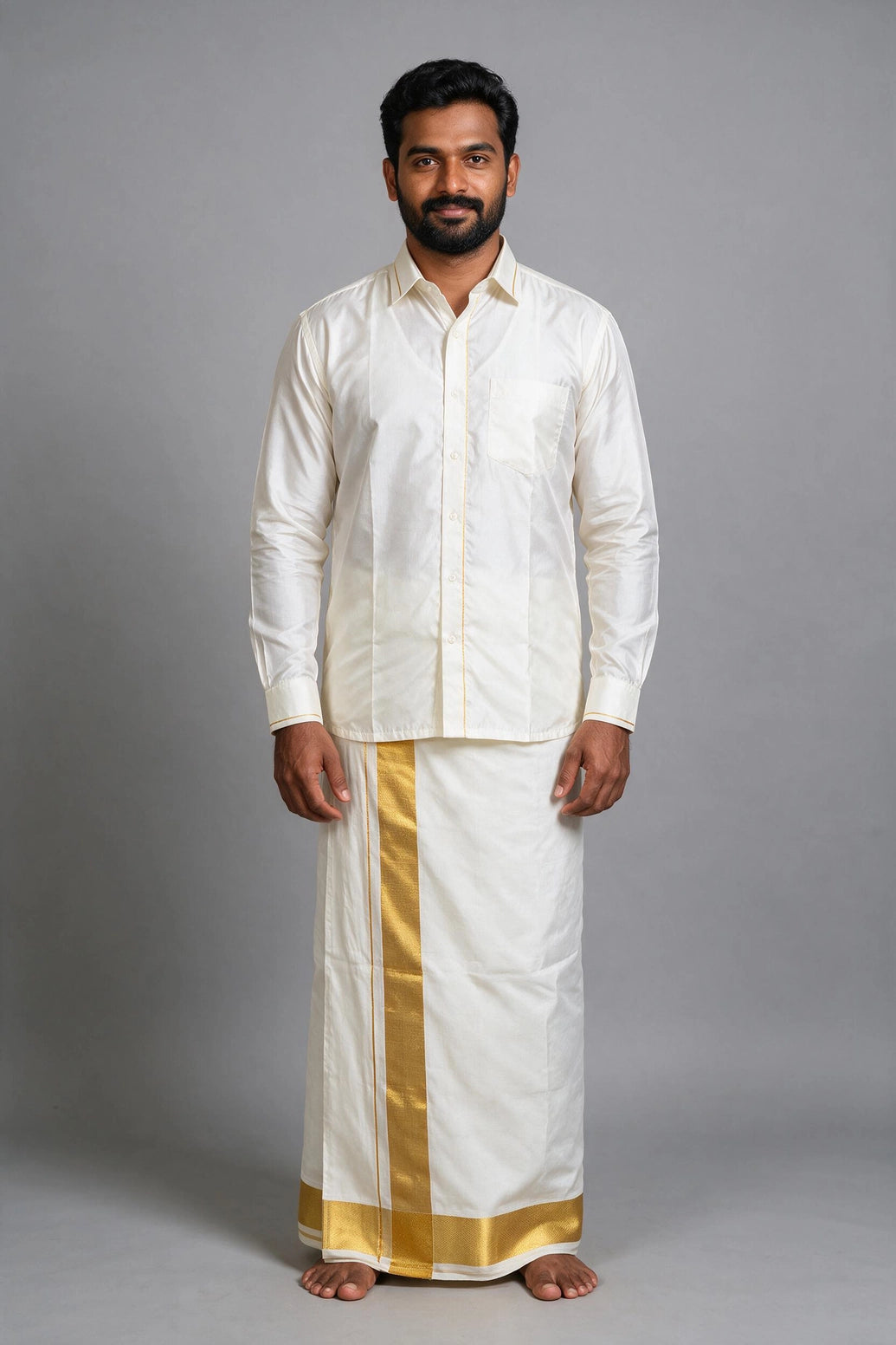 Men White Rich Cotton Double Dhoti with Broad Gold Zari Border - Off White Wedding Temple Wear - off white