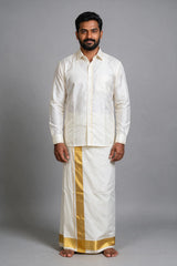 Men White Rich Cotton Double Dhoti with Broad Gold Zari Border - Off White Wedding Temple Wear - off white
