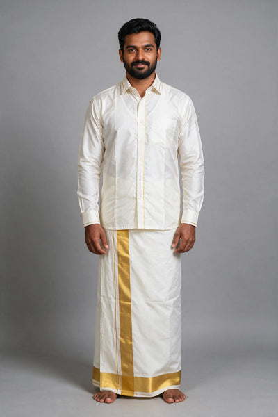 Men White Rich Cotton Double Dhoti with Broad Gold Zari Border - Off White Wedding Temple Wear - off white