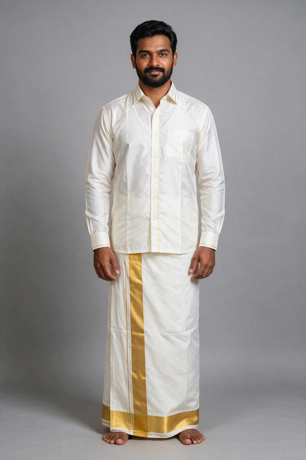 Men White Rich Cotton Double Dhoti with Broad Gold Zari Border - Off White Wedding Temple Wear - off white