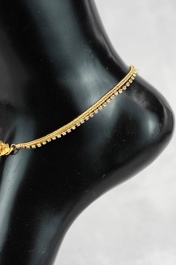 Gold-Tone South Indian Anklet with White Stone Detail for Traditional Wear - Gold