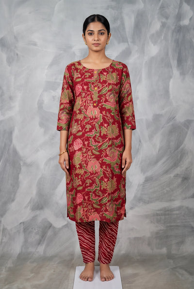 Maroon Rayon Floral Kurti with Printed Pant 2-Piece Set | Round Neck Front Button Design - Maroon