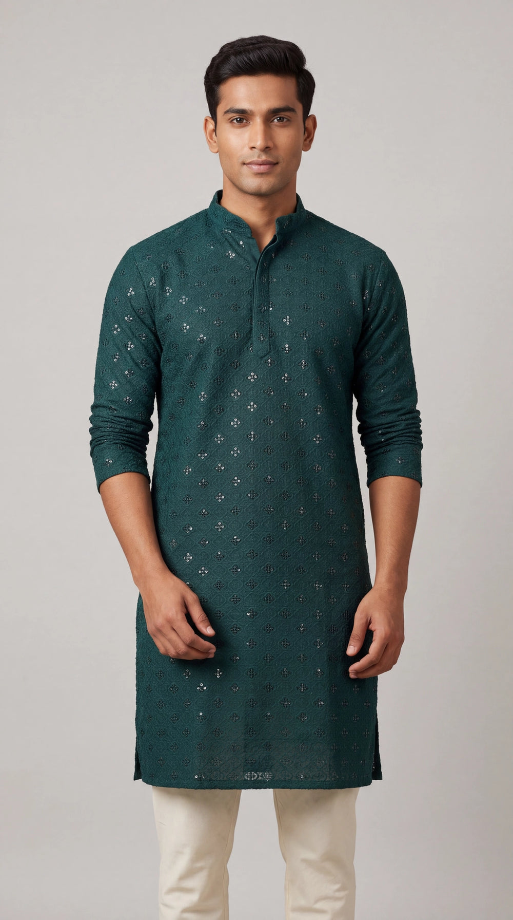 Green Lakhnavi-Style Men’s Kurta with All-Over Sequins, Solid Kurta Design for Festive Wear - Green