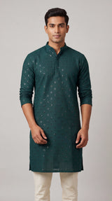 Green Lakhnavi-Style Men’s Kurta with All-Over Sequins, Solid Kurta Design for Festive Wear - Green