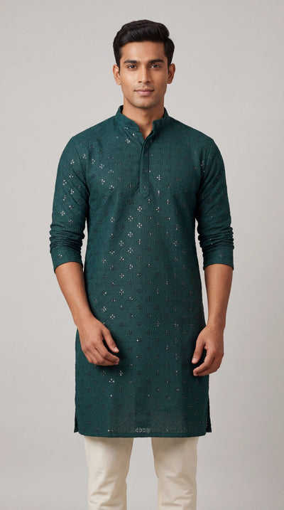 Green Lakhnavi-Style Men’s Kurta with All-Over Sequins, Solid Kurta Design for Festive Wear - Green