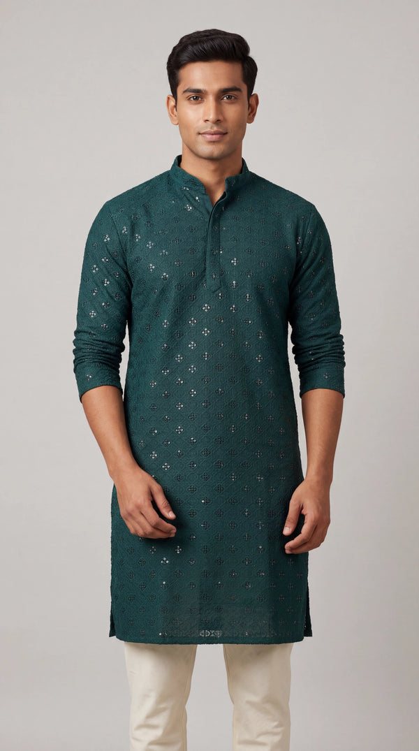 Green Lakhnavi-Style Men’s Kurta with All-Over Sequins, Solid Kurta Design for Festive Wear - Green