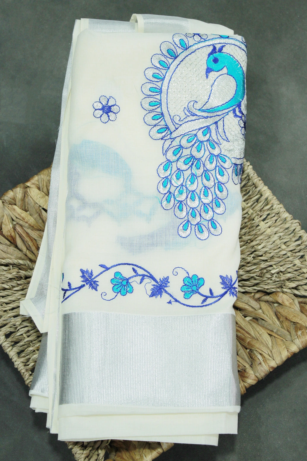Half White Kerala Cotton Saree with Peacock Embroidery and Silver Zari Thread Work - Half White