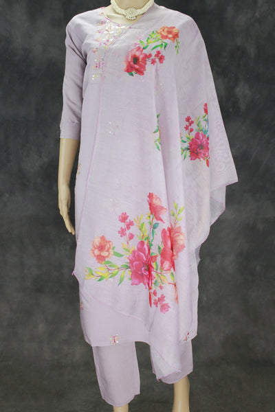 Lavender Roman Silk 3 Piece Set with Organza Dupatta