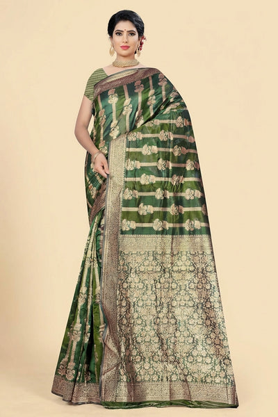 Green Bulbul Organza Silk Designer Saree with Floral Stripes, Grand Pallu & Zari Border - Green