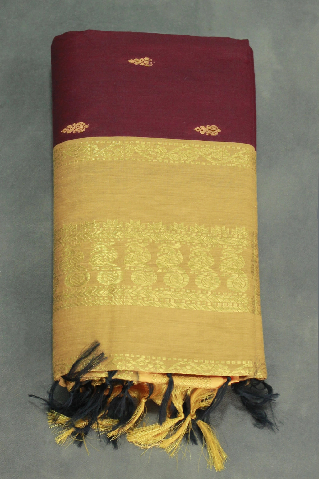 Maroon Kalyani Cotton Saree with Puttah Design and Zari Border, Includes Blouse - Maroon