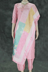 Beautiful Roman silk 3 piece set,Top and Pant with Elastic, Handwork chinon dupatta, Handwork Embroidery kurti, - Light Pink