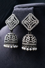Oxidized Black-Silver Square Jhumka Earrings with Sparkling Stones and Pearl Drop Tassels - Black silver