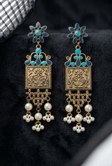 Floral Antique-Finish Dangler Earrings with Enamel & Pearl Bead Drops (Teal Blue/Navy or Orange/Pink)